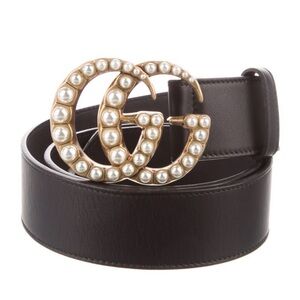 Gucci Black Belt with Pearl-Studded Gold Buckle